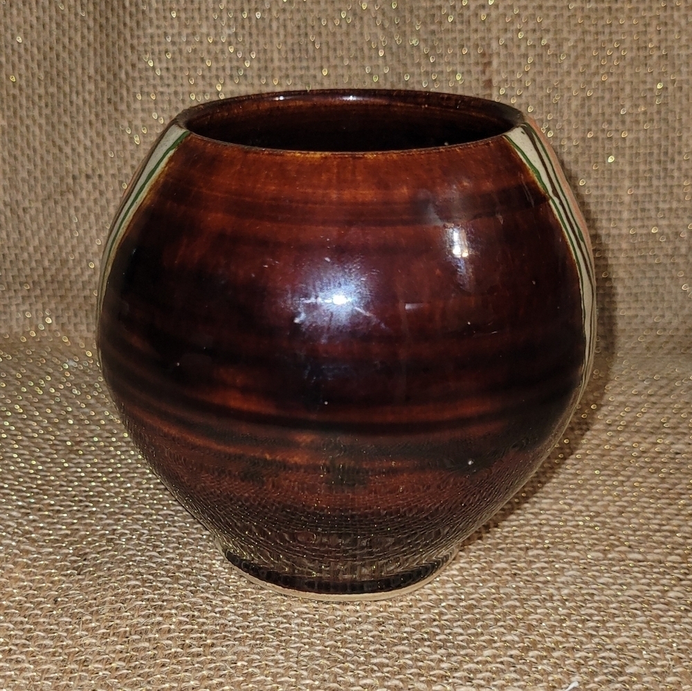 Handmade Art Deco Pottery Vase Planter Cachepot Brown w Green & Orange Design - Picture 2 of 6